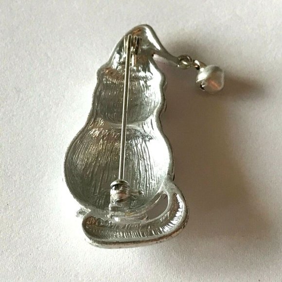 Vtg Santa Christmas Cat Brooch Pin Red Hat Scarf Bell Kitty Silver Plated Enamel - Picture 3 of 9